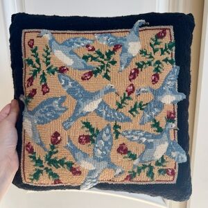 Vintage Needlepoint “Birds In Flight” Throw Pillow 15x15 Persian Wool Blue Bird